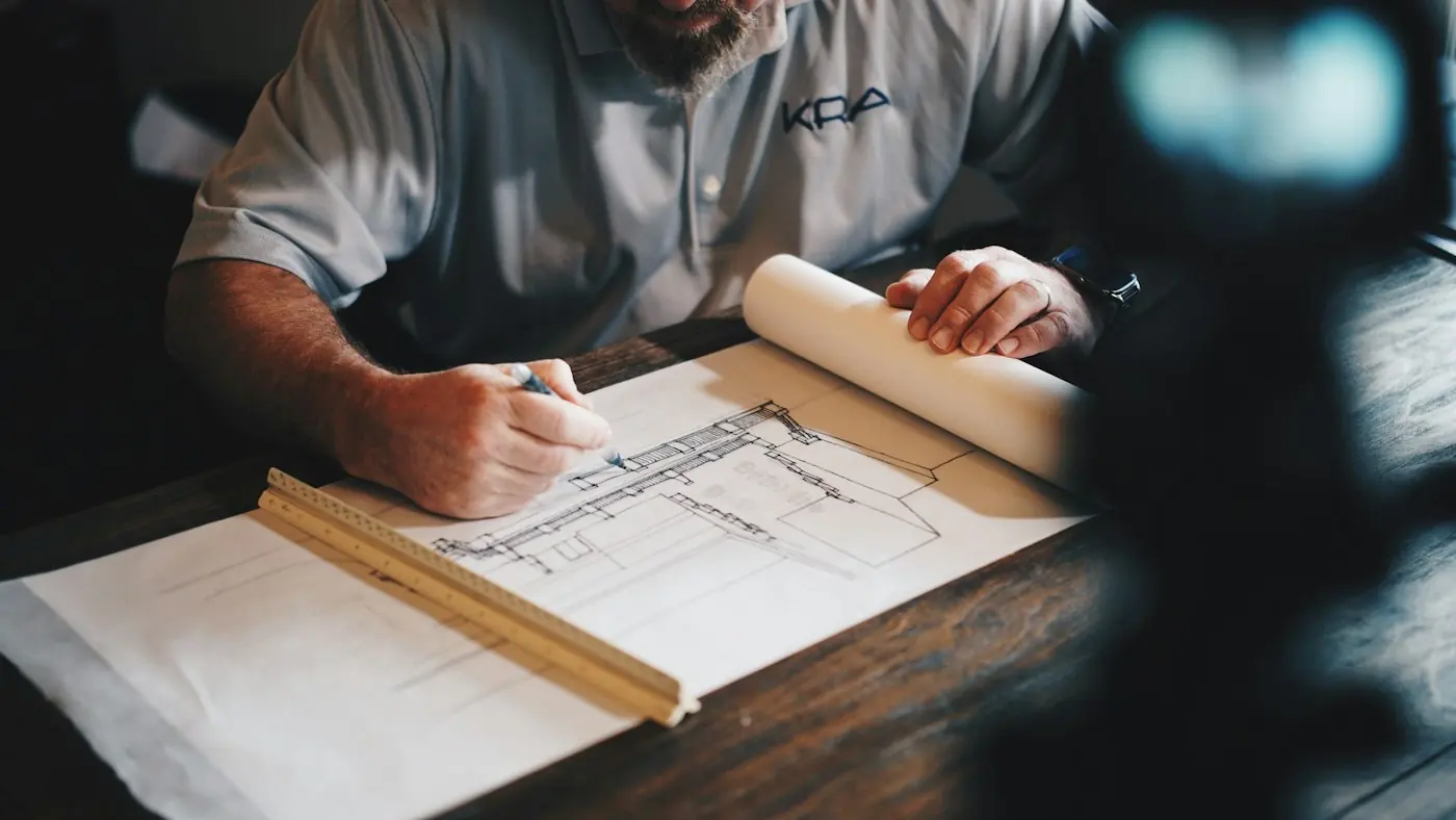Tecnico al lavoro su un disegno esecutivo